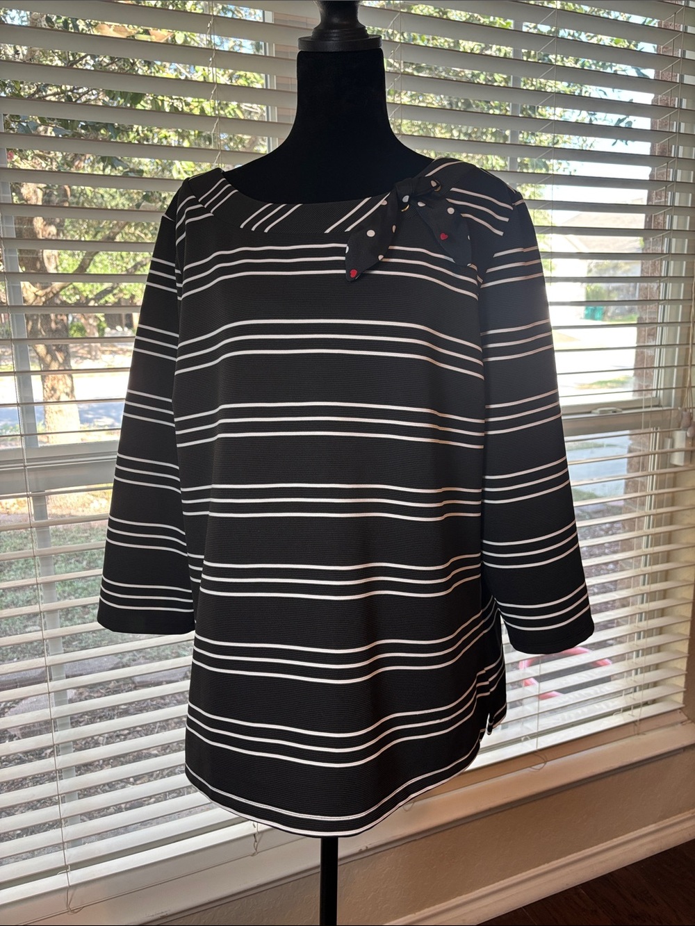 Liz Claiborne Black and White Striped Boatneck Top with Shoulder Tie